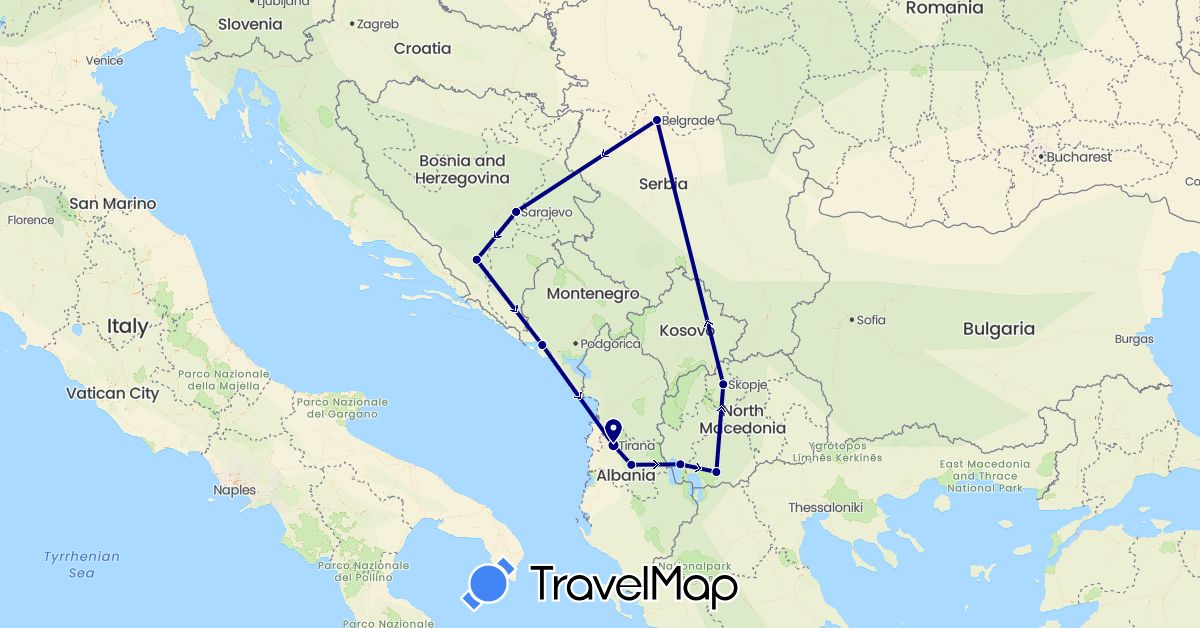 TravelMap itinerary: driving in Albania, Bosnia and Herzegovina, Montenegro, Macedonia, Serbia (Europe)